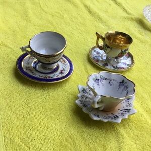 (33) 3 Gold Lined Porcelain Tea Cups w/ Matching Saucers Collection Handpainted.